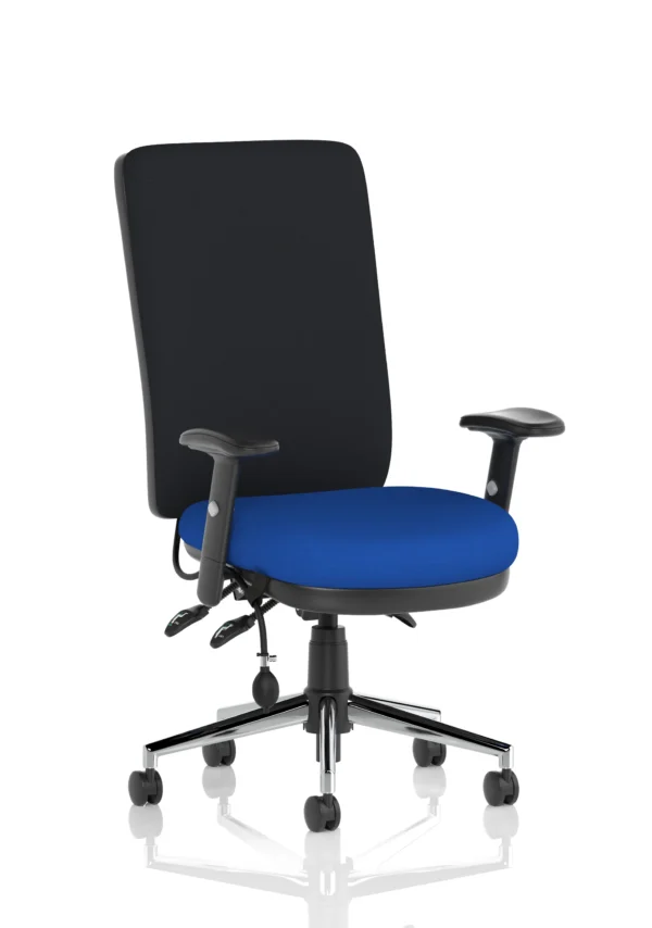 chiro office chair with black back and blue seat