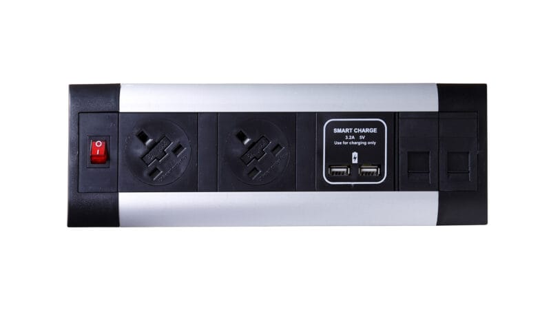 Impulse Desktop Module 2 x 5A UK Sockets, 1 x Neon Switch, 1 x 500mm Lead to 3 Pole Connector in Black - Image 2