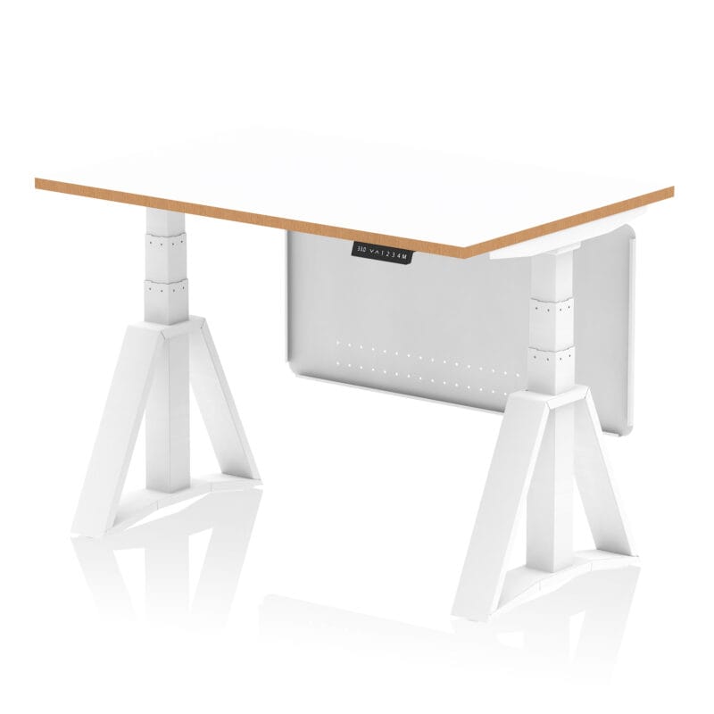 Oslo Air Height Adjustable Desk White Top Natural Wood Edge White Frame with White Steel Modesty Panel - Image 4
