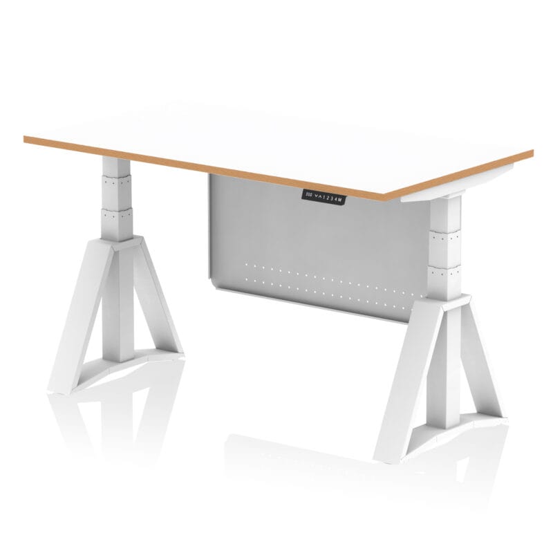 Oslo Air Height Adjustable Desk White Top Natural Wood Edge White Frame with White Steel Modesty Panel - Image 5