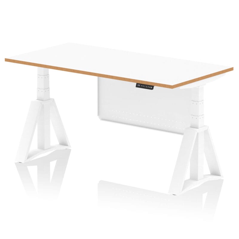 Oslo Air Height Adjustable Desk White Top Natural Wood Edge White Frame with White Steel Modesty Panel - Image 6